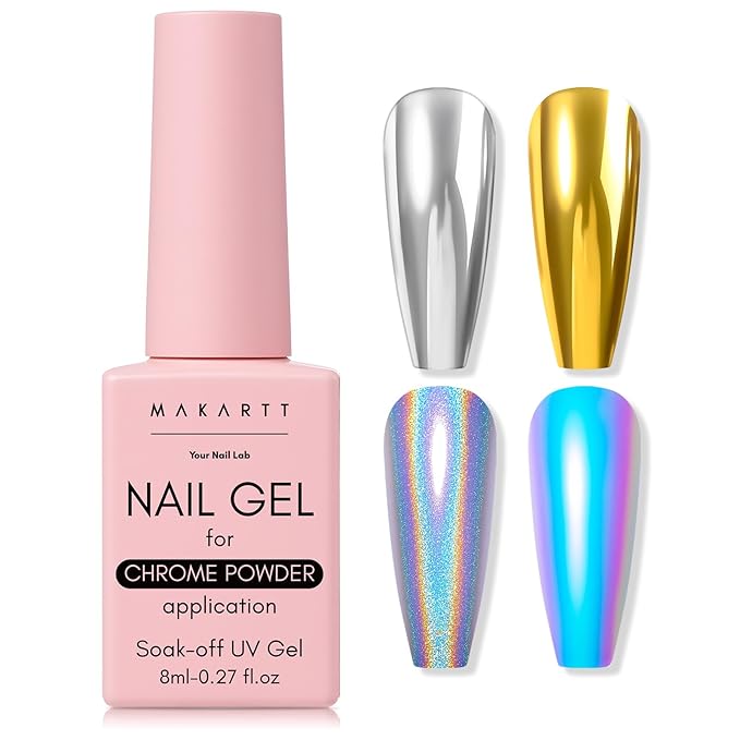 Makartt No Wipe Gel Top Coat for Chrome Nail Powder - Clear High Gloss Mirror Shine Top Coat Gel Nail Polish, Long Lasting Soak-Off LED UV Lamp, DIY Home Salon Art Design Gifts, 8ml Pink Bottle