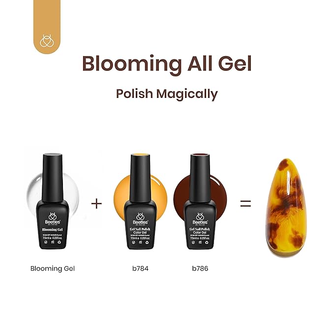 beetles Gel Polish Kit with Blooming Gel, 5 Colors Amber Attraction Tortoise Brown Yellow Nude White Gel Nail Polish Set Clear Blooming Polish Soak Off UV DIY at Home Salon Nail Art Gifts for Women