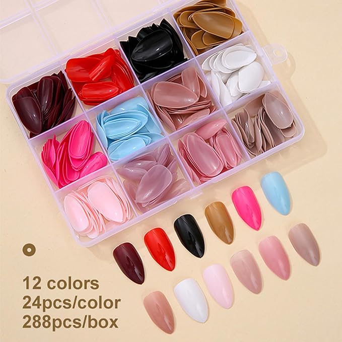 288Pcs Almond Press on Nails Solid Color False Nails Tips Medium Fake Nails Reusable Glossy Acrylic Artificial Nails Full Cover Glue on Nail for Women Manicure Deco 12 Size - 12 Colors