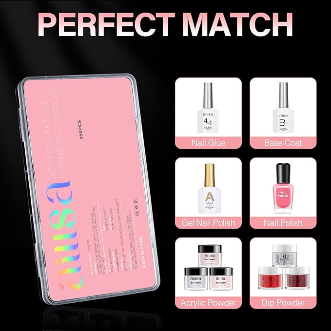 AILLSA Medium Almond Nail Tips 450PCS Full Cover Clear Acrylic Nail Tips Double-Sided Matte No Need Base Coat Press on Fake Nails Tips for Extension False Nails DIY Salon 15 Sizes