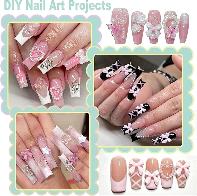 3D Nail Charms and Gems Kit Cute Colorful Bows for Nails Heart Moon Star Pearl Nail Charms with Picker Tools Kawaii Nail Art Charms for Nails Design Supplies Junk Cases DIY Decor Accessories