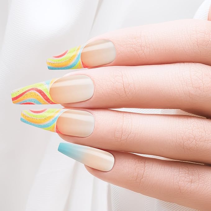 Goldfinger Trendy False Nails Kit, X-Long Coffin Design Nail, Fantasy French Tip Sky Blue Print, Ready to Wear Gel & Manicure Stick Included, Long-Lasting Convenient & Easy to Apply