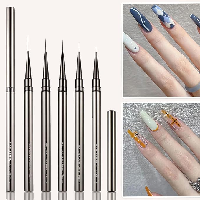 SILPECWEE 5pcs Nail Liner Brush (6,9,12,15,18mm) Thin Nail Art Brush Finger Nail Paint Brush Nail Detail Brush Nail Design Brushes Nail Pen Acrylic Manicure Brush Tools