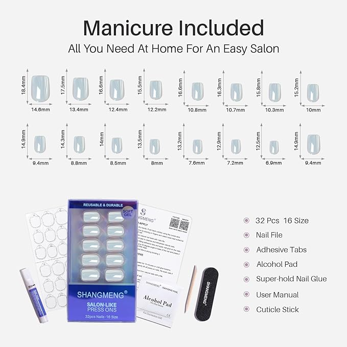 Chrome Press on Nails Square - SHANGMENG Soft Gel Blue Press on Nails Short for Women Gift, Glossy & Natural Stick on Nails with Glue in 16 Sizes - 32 Reusable Fake Nails, Aurora Light Blue