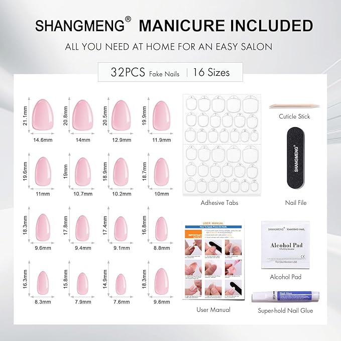 Pink Cat Eye Press on Nails Short - SHANGMENG Soft Gel Press on Nails Almond for Women Gift, Fit Perfectly & Natural Glue on Nails in 16 Sizes - 32 Reusable Fake Nails with Glue, Beige Pink