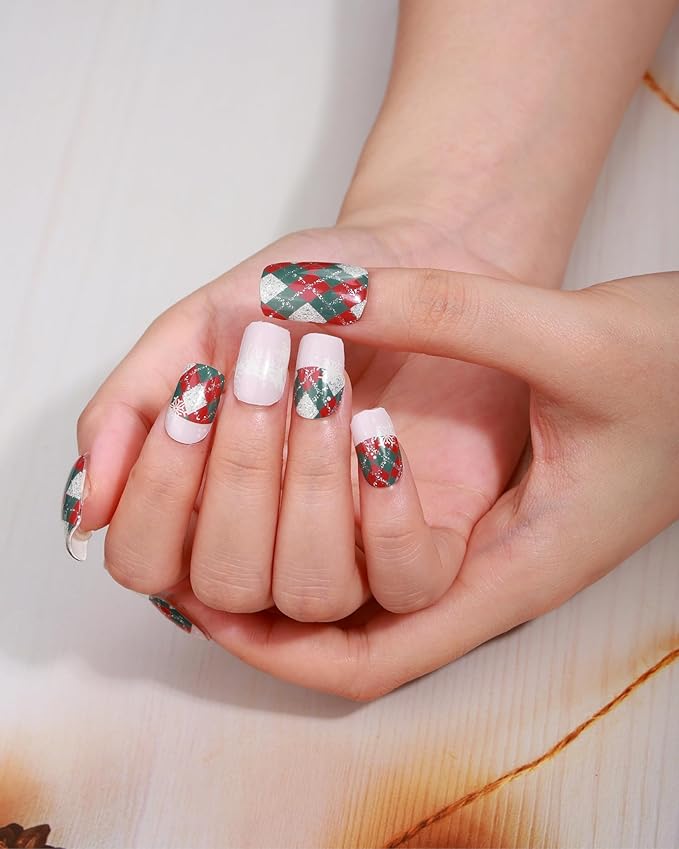 20pcs Christmas Semi Cured Gel Nail Strips - Salon-Grade DIY Wraps with Glaze Texture, Easy Application, UV Light Required for Festive Nails(Christmas Glitter Argyle Nails)
