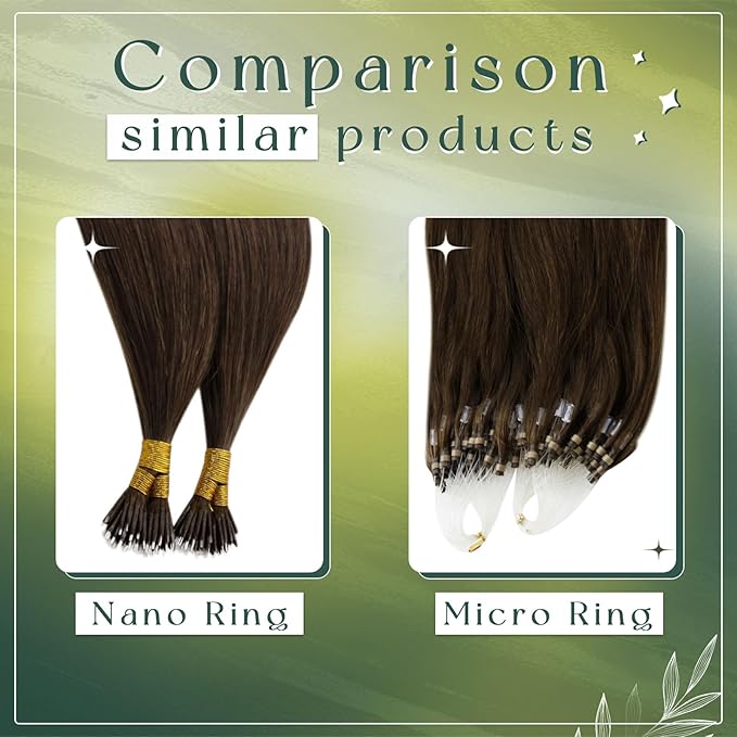 RUNATURE Nano Link Hair Extensions Human Hair Dark Brown Long Nano Ring Hair Extensions Real Human Hair Straight Nano Bead Hair Extension Pre Bonded 24 Inch 50 Gram 50 Strands