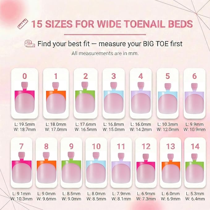 French Tip Toe Nail Press Ons, 150PCS Square Soft Gel Full Cover Toe Tips, 5 Colors (Pink/Orange/Green/White/Purple), 15 Sizes for Wide Nail Beds, Pre-Shaped for DIY French Pedicure & Salon