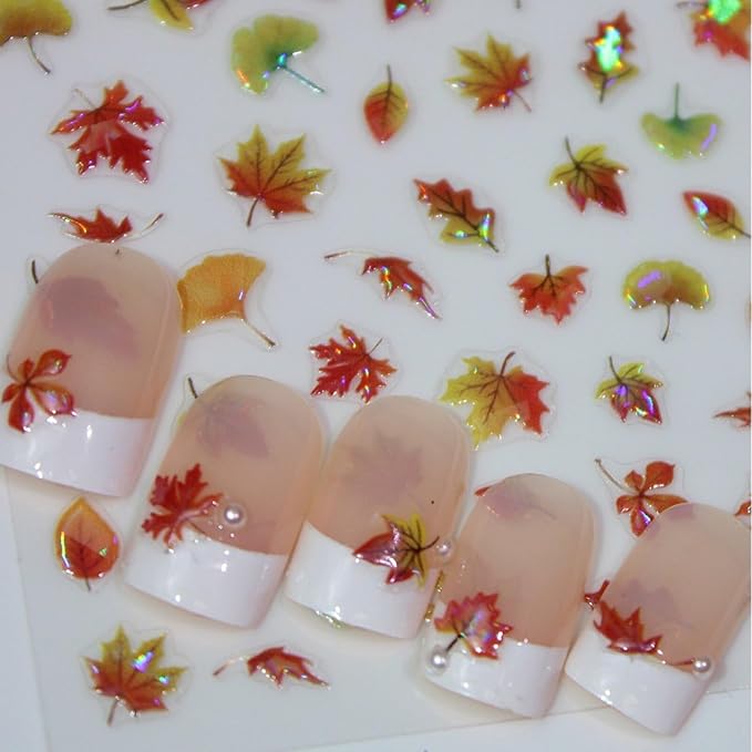 Fall Nail Stickers Thanksgiving 5D Embossed for Glitter Maple Leaves Glitter Nail Art 3D Self-Adhesive Nails Decoration Autumn Holiday Nail Decals DIY for Women Girls Manicure Supplies 4 Sheets