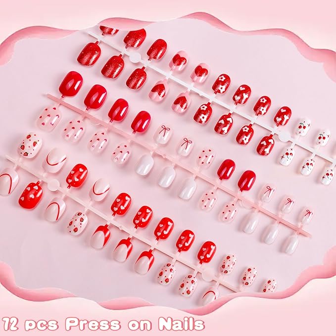SIUSIO 3Pack Children Acrylic Fake Nails, 72pcs Press on Full Cover Glitter Short Red Heart False Nail Art Kits Set with Sticker Tabs Nail Glue for Kids Little Girls Christmas Gifts - Blossom Sweetie