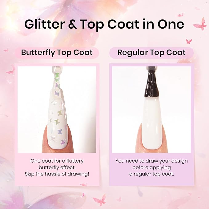 Beetles Glitter Gel Top Coat 15ml - Mirage Butterfly Glitter Shine No Wipe Top Coat Long-Lasting for Gel Polish, Butterfly Sparkle Soak Off UV LED Gift for Women