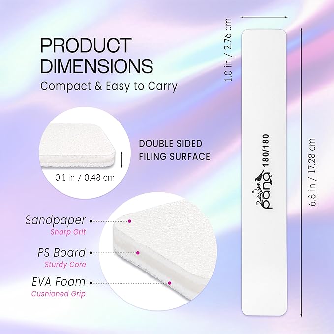 10pcs - PANA Jumbo Double-Sided Emery Nail File for Manicure, Pedicure, Natural, and Acrylic Nails - White (Grit 180/180)