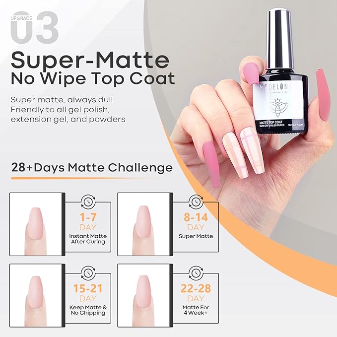modelones Gel Top Coat Base Coat for Gel Nail Polish 3 Pcs, Chrome Proof Matte Top Coat Clear No Wipe Shiny Top Coat Long Lasting High Gloss & Velvet Matte DIY Home Fall Manicure Gift for Women