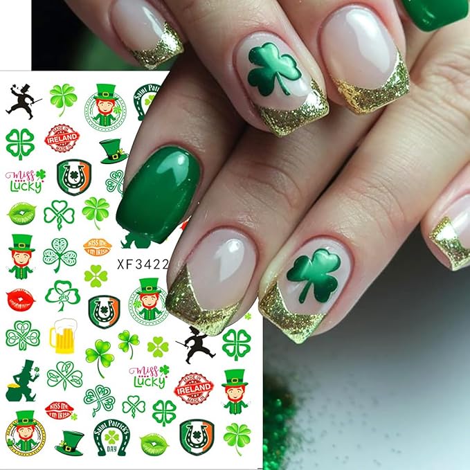 6 Sheets St. Patrick’s Day Nail Stickers 3D Self-Adhesive Green Shamrock Nail Art Stickers Clover Hat Golden Jar Coins Design Lucky Irish Nail Decals Nail Art Supplies for Women Acrylic Manicure