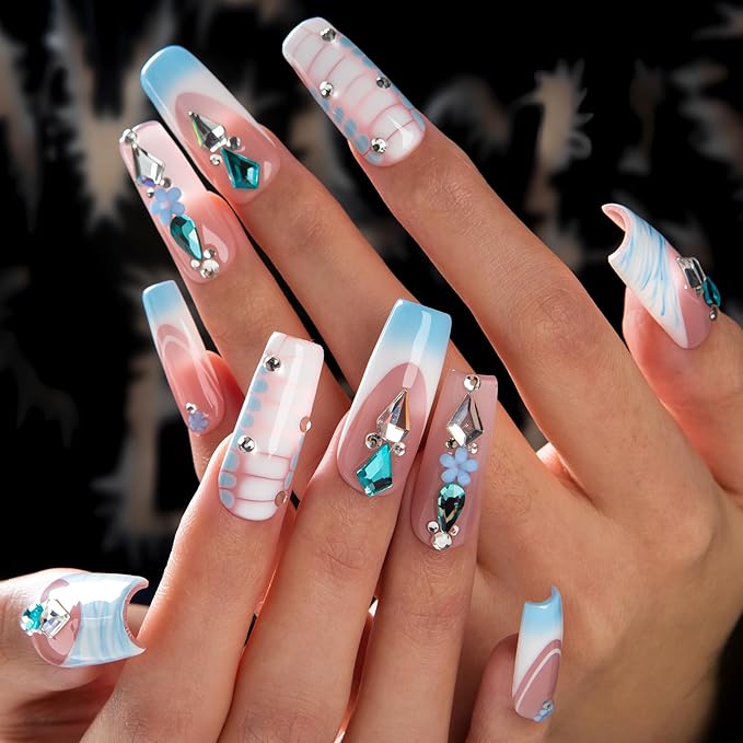 LOVFUL Short French Tip Press on Nails Glacier Jewel | Handmade Acrylic Press ons| Reusable Fake False Nails | Square Classic Regular 1.3in | H738-S