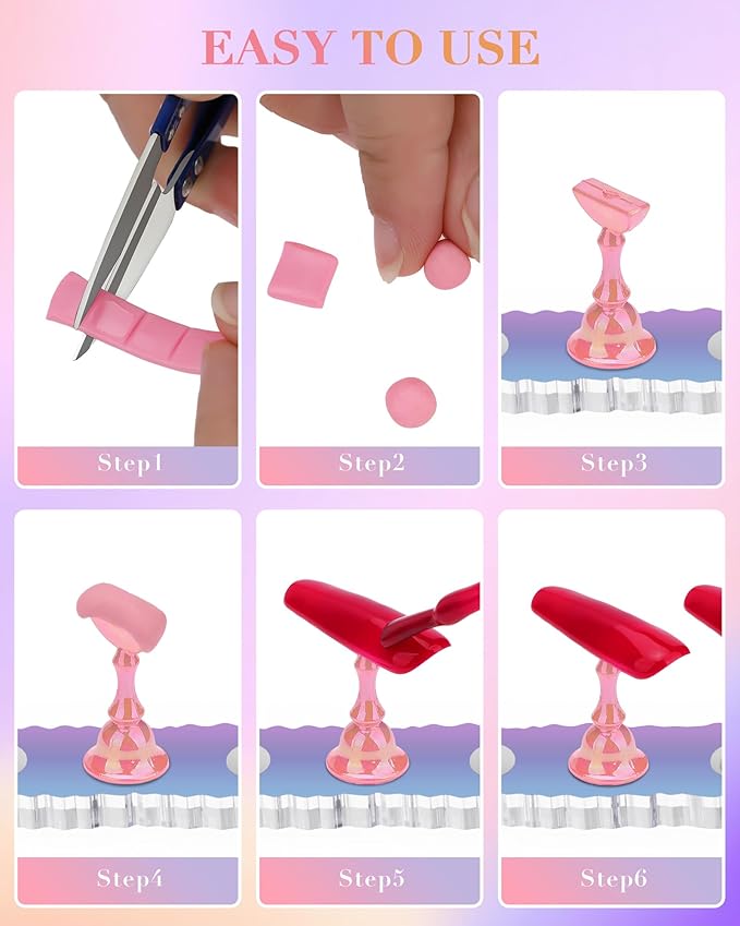 Nail Stand Acrylic Nail Art Display Stand Magnetic Nail Tips Practice Holder 54 Pcs Reusable Adhesive Putty for DIY Painting Nails Stand kit (Aurora Pink)