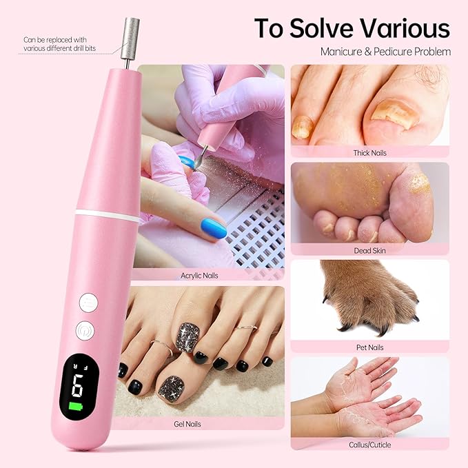 Electric Nail Drill Kit, Electric Nail File Cordless Nail Drill Machine for Acrylic Gel Dip Powder Nails, Professional Portable Manicure Pedicure Rechargeable Lightweight for Home Salon Use