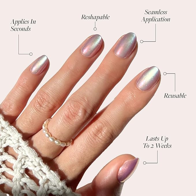 Glamnetic Press On Nails - Oyster Fake Nails | Short Oval Cat Eye Fake Nails with a Velvet Pearlescent Finish, Salon Quality Summer Nails | 15 Sizes - 30 Nail Kit with Glue