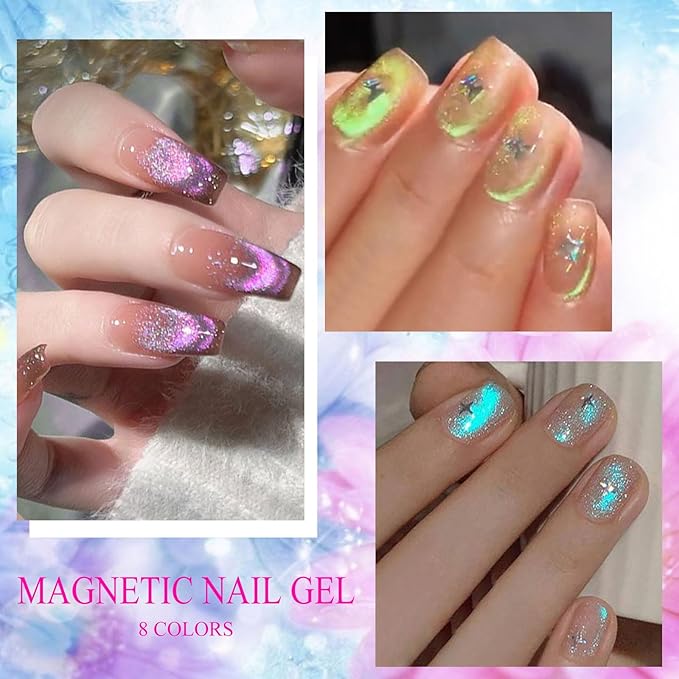 MEET ACROSS 12 Pcs Cat Eye Gel Nail Polish Set, Blue Tears Auroras Magnetic Gel Polish, Blue Pink Yellow Purple Glassy Glitter Holographic Nail Polish with Base Top Gel for Nail Art Manicure Salon DIY