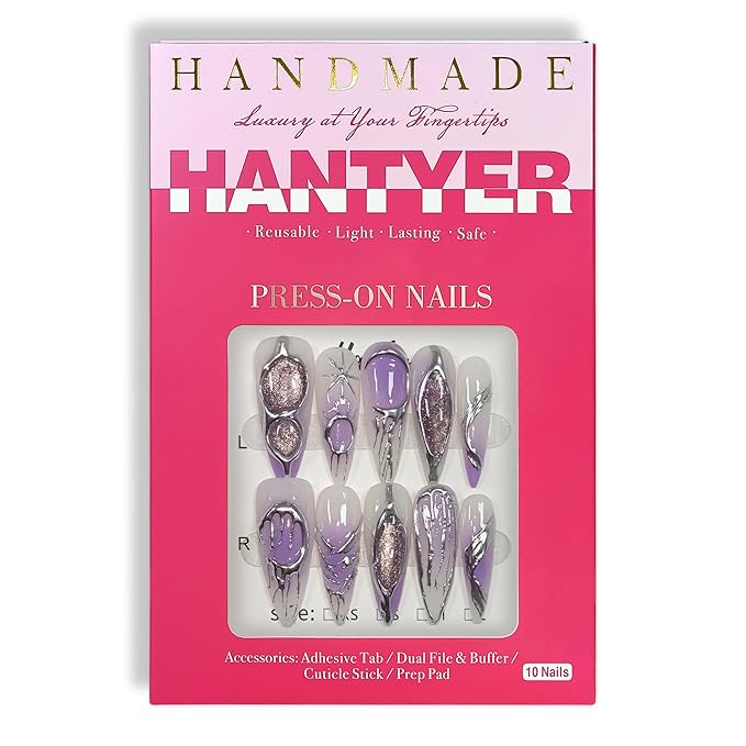 Lavender Ombre Metallic Hand-Painted Cat Eye Press on Nails, Long Stiletto Glossy Iced Edgy Fake Nails, Reusable Sweet & Cool False Nails for Women Y2K Party Special Occasion Full Set (Size S)