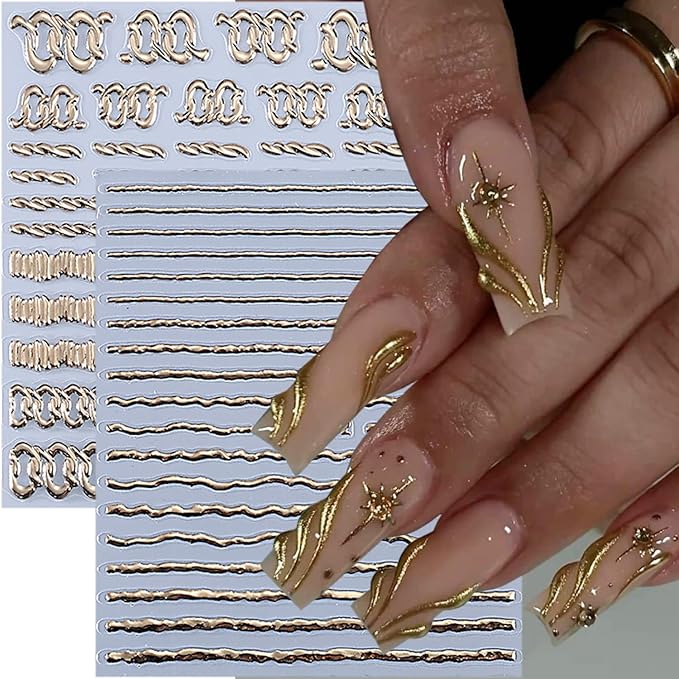 2 Sheets Gold Nail Stickers Embossed French Lines Nail Art Stickers 5D Self-Adhesive Gold Line Nail Decals French Nail Supplies for Women DIY Manicure Decorations