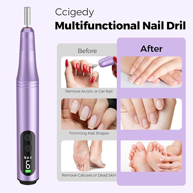 Electric Nail Drill Kit, Electric Nail File Cordless Nail Drill Machine for Acrylic Gel Dip Powder Nails, Professional Portable Manicure Pedicure Rechargeable Lightweight for Home Salon Use