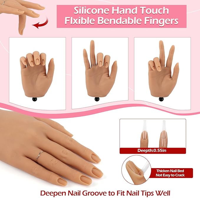 LIONVISON Practice Hand for Acrylic Nails, Silicone Nail Hand Practice, Flexible Fingers Fake Training Hand False Mannequin Hands for Nail Practice, Hand Model Kit for Nail Supplies Manicure Beginners