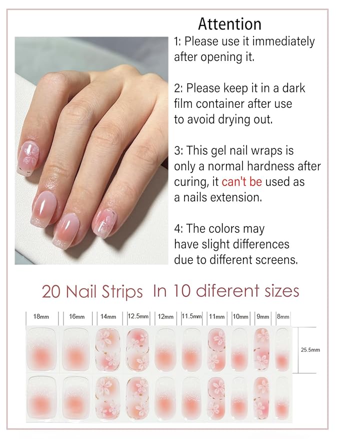 Semi Cured Gel Nail Strips, Spring Rainbow, 20pcs Macaron French Gel Nail Stickers Work with UV, Easy to Use and Remove