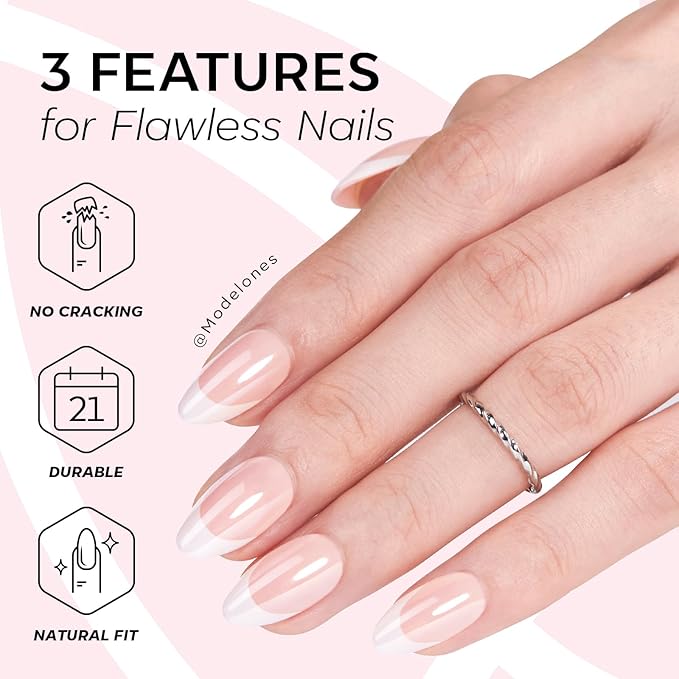 Modelones Chrome French Tip Press on Nails Almond, Short Almond Fake Nails, Nail Kit with Nail Glue Adhesive Tabs Mini Nail File, Nails Press Ons 32Pcs16 Sizes, Women Girl Gift
