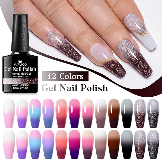 12Pcs Color Changing Gel Nail Polish Set Pink Purple Glitter Brown Mood Temperature Change Nail Polish Gel Set Soak Off Nail Art Gel DIY Salon Manicure Gift