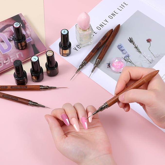 5 PCS Nail art brushes, Nail Art Liner Brushes Thin Liner Nails Brush Set for Thin Details, Painting Arts Design, Long Lines, Fine Drawing Sizes 6/9/12/15/18mm, Natural