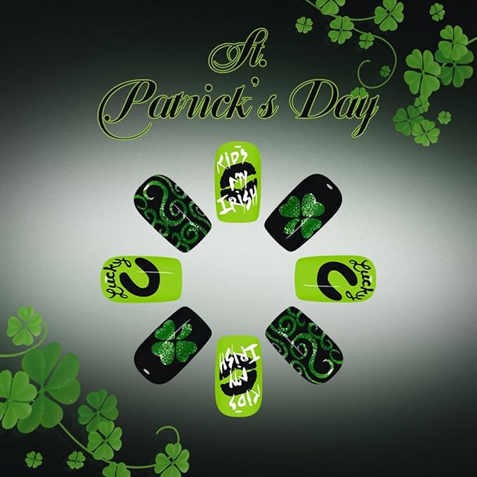 Short Square Press on Nails St. Patrick's Day Fake Nail with Winter Geen Designs False Nails Press Ons Gift for Women 24pcs