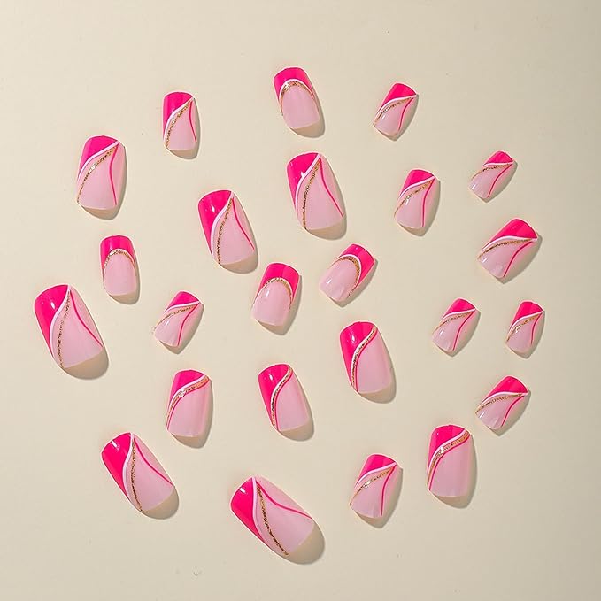 Pink Press on Nails Short Square Fake Nails French Tip False Nails with Gold Glitter Line Designs Glossy Glue on Nails Full Cover Acrylic Stick on Nail Hot Pink Artificial Nail for Women Manicure