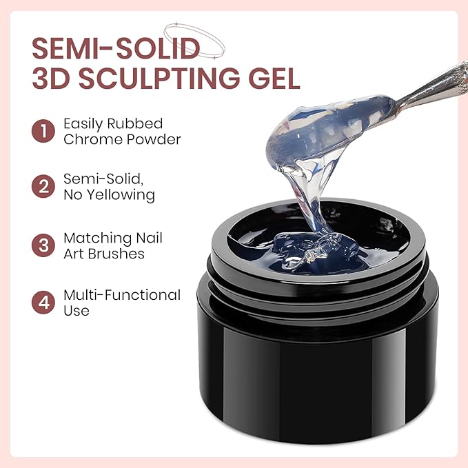 3D Sculpting Gel for Nail Art Chrome Powder No Wipe , Clear Semi-solid Modeling Carving Structure Nail Gel Suitable for Sticking Rhinestones and Painting