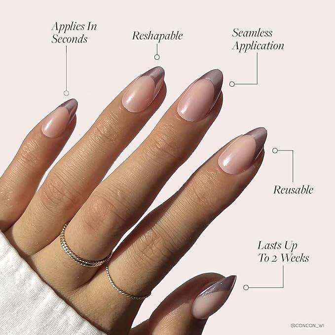 Glamnetic Press On Nails - Rock Candy Fake Nails | Trendy Short Almond Nails with Metallic Chrome Pink French Tips | 15 Sizes - 30 Nail Kit with Glue