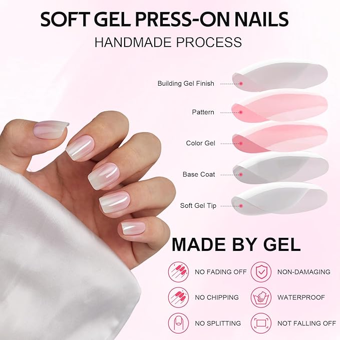 Press On Nails Short - Findigit Pink Glossy Press On Nail Ons Square, Chrome Glazed Glue On False Nails, Stick On Nails in 16 Sizes - 32 Soft Gel Fake Nail Kit, Pink Ombre Glazed