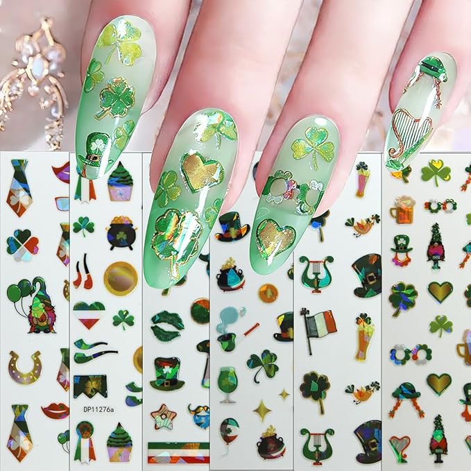 6 Sheets St. Patrick's Day Nail Art Stickers for Nail 3D Self Adhesive Laser Shamrock Nails Stickers Rainbow Golden Jar Gnome Design Irish Nail Decals Nails Art Supply for St. Patricks Day Manicure