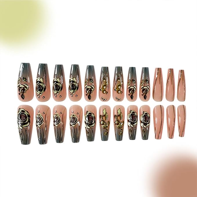 Coffin Press on Nails Long with Bright Embossed Blue and Gold Gradient Gold Rose Acrylic Valentines Fake Nails Press ons Cute Glue Stick on Nails for Women Girls 24 Pcs