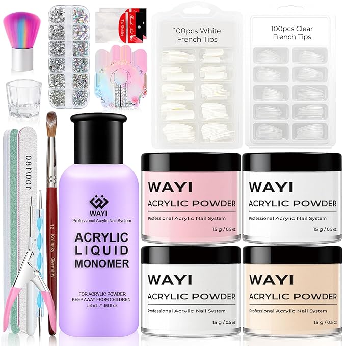 WAYI Acrylic Nail Kit with Acrylic Liquid Monomer 58ml, 4 Colors Powder (Pink White Clear Nude), French Tips, Clipper, Nail Brush, Nail Art Tools for Beginners and Professionals