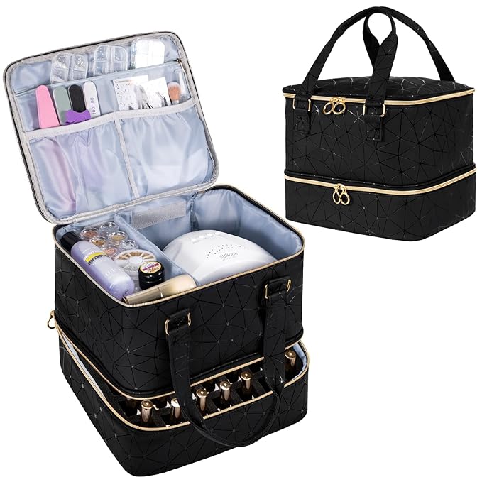 Uross Nail Polish Organizer Bag Holds 42 Bottles Nail Polish & Nail Lamp, Gel Nail Polish Organizers and Storage box for Nail Tech, Nail Kit Supplies Organizer Case - Black