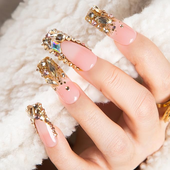 LOVFUL Short French Tip Press on Nails Golden Aura | Handmade Acrylic Press ons| Reusable Fake False Nails | Square Classic Regular 1.3in | H682-S