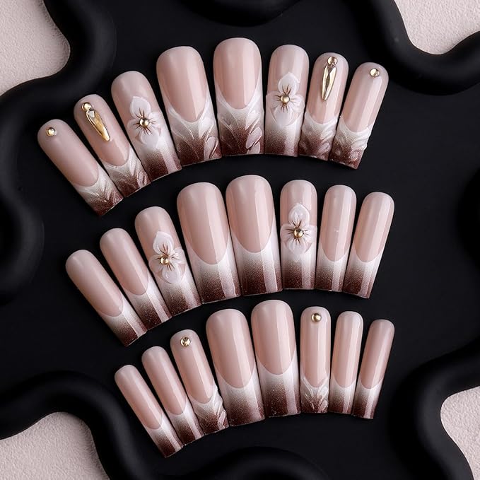 Square Press on Nails Long Ombre Brown Fake Nail3D Flowers Charm Acrylic Nail Press ons with Embossed and Rhinestones Design Stick on Nails for Women 24pcs