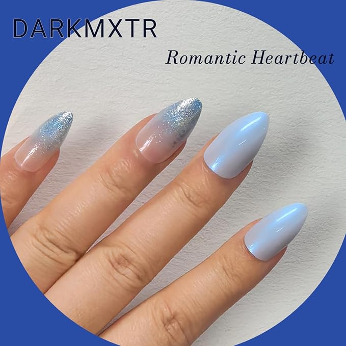 Light Blue Press on Nails - 24Pcs Long Stiletto Fake Nails with Gradient Glitter Design, Reusable Acrylic Artificial Nails for Women, 12 Sizes