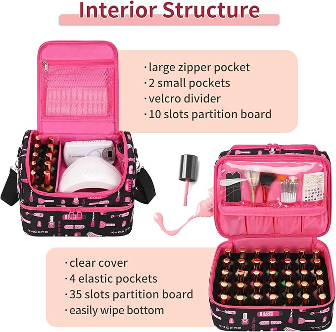 Nail Polish Organizer Case - Holds 45-90 Bottles & UV Nail Lamp, Nail Tech Organizers And Storage Bag for Nail Supplies & Manicure Kit & Pedicure Tools, Nail Technician Case (Cartoon Black, 45 Slots)