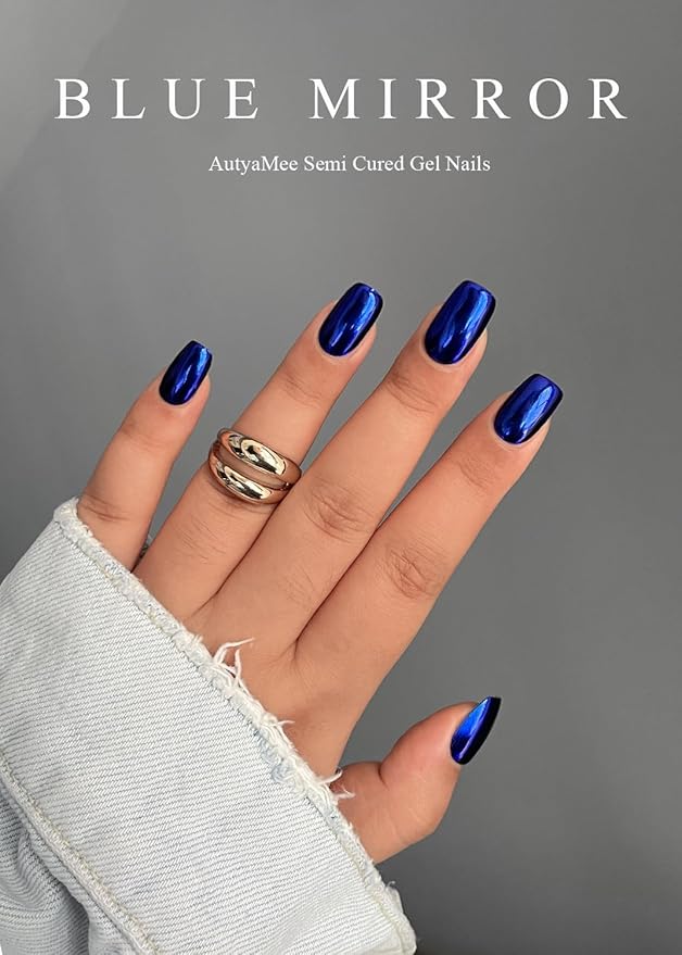 Semi Cured Gel Nail Strips (Blue Mirror), Chrome, 20 Pcs Gel Nail Wraps, Stickers, Salon Quality, Long Lasting, Works with Any UV Lamps