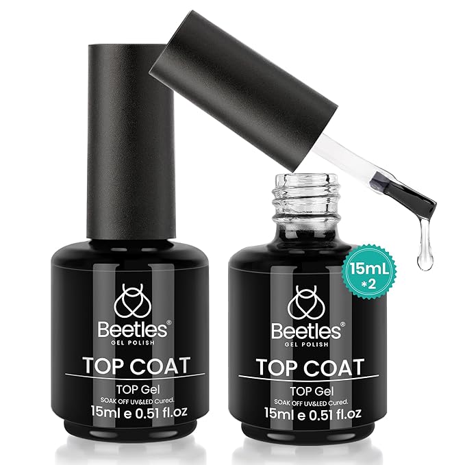 Beetles Top Coat Gel Nail Polish Set – 2Pcs 15ml No Wipe Gel Top Coat, Long-Lasting High Gloss Finish, Clear Nail Polish Soak Off UV/LED Nail for DIY & Professional Manicure