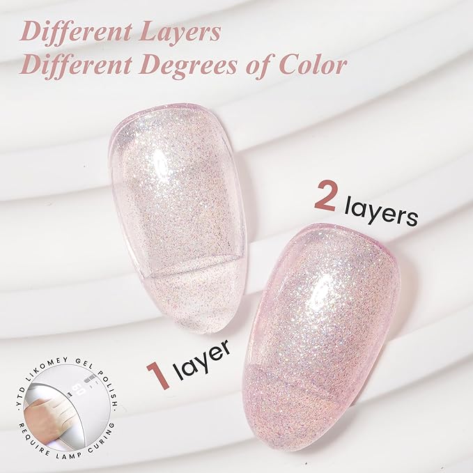 YTD Likomey Mermaid Glitter Nude Gel Nail Polish,15ml Pink Pearlescent Jelly Sheer Translucent Neutral Iridescent Colorful Shimmer Nails Art Manicure UV Nail Gel Varnish,LS388
