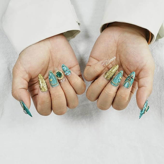 Luxury Vintage Press on Nails Medium Almond, Handmade 3D Gemstone & Glitter Design Green Gold Acrylic Nails, Reusable False Nails (Exotic Flair,S)