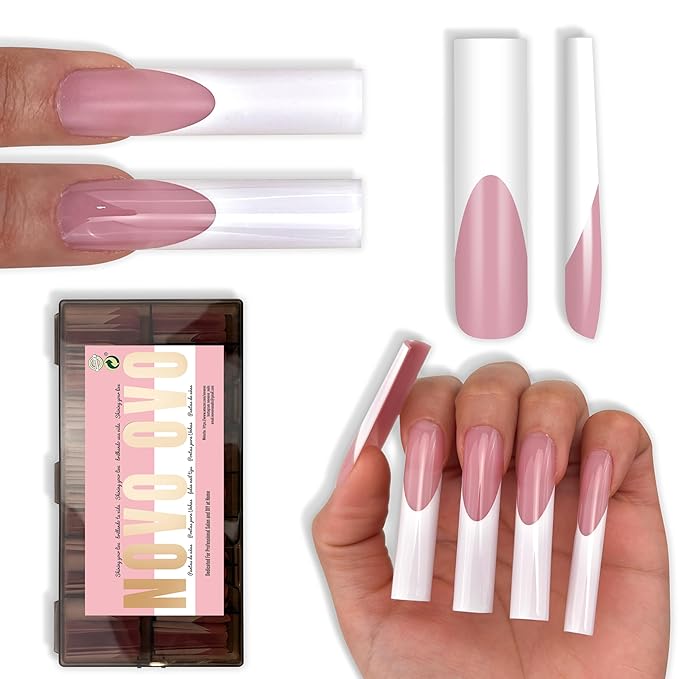 NOVO OVO XXL Square Nail Tips - 150Pcs Soft Gel Nail Tips, Pre-Colored Berry Pink White French Tip, No C Curve Straight Acrylic False Nails for Extension, PMMA Gel X Tips Press on Nails Kit (15 Sizes)