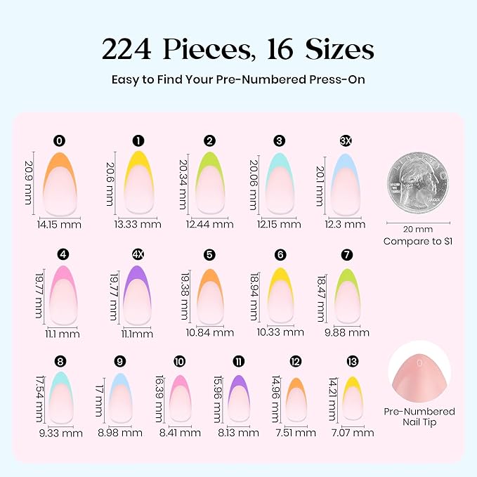 Beetles Summer Press On Nails 224 Pcs 7 Colors, French Tip Nails Short Almond Classic Fake Nail Tips, Rainbow Soft Nail Gel False Nails Art DIY For Women
